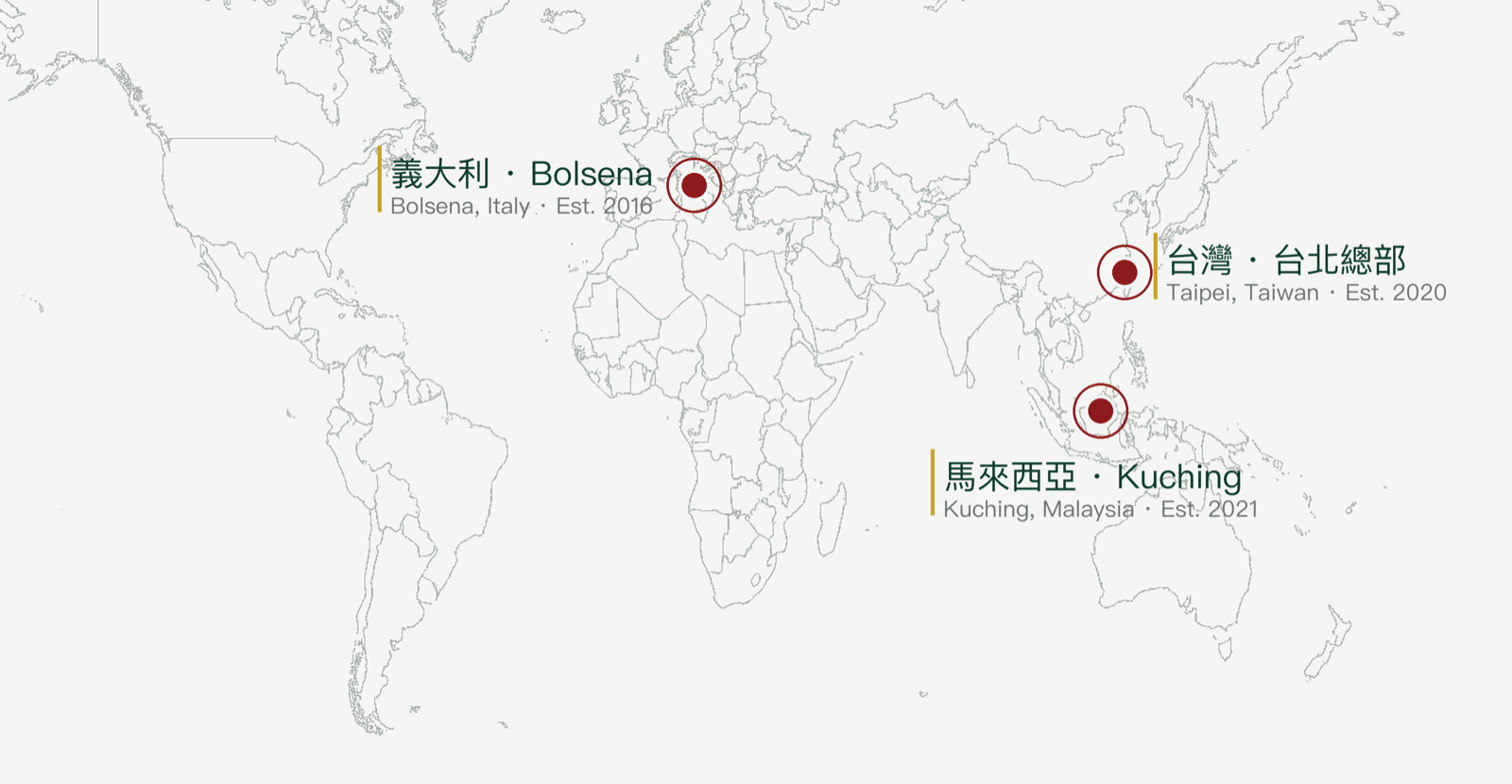 Golden Jade Terre 全球據點：台北總部、義大利 Bolsena、馬來西亞 Kuching